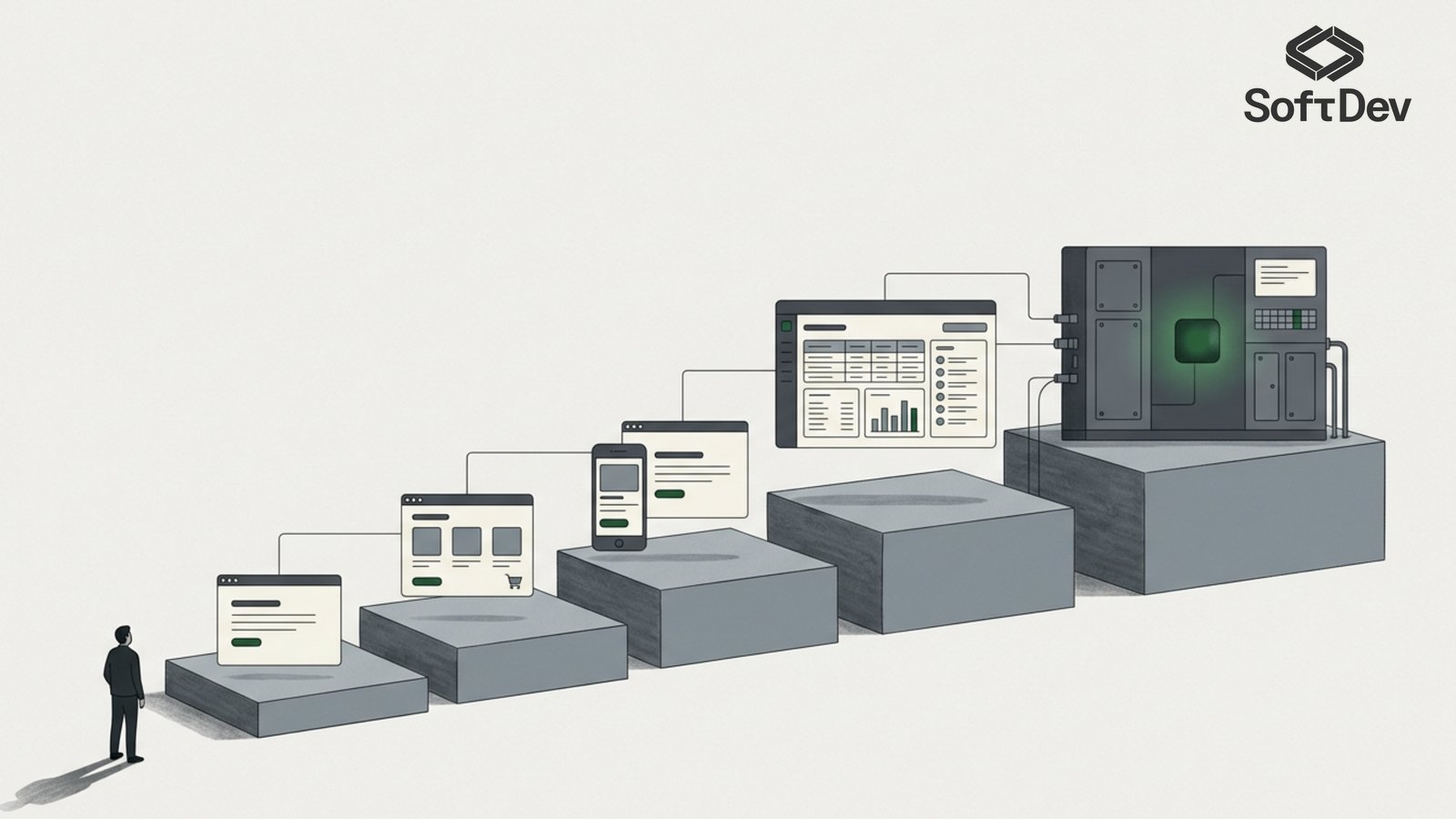 Illustration: a staircase rising from a simple website through an online shop, apps and a dashboard to a large system. A person stands at the foot of the stairs.